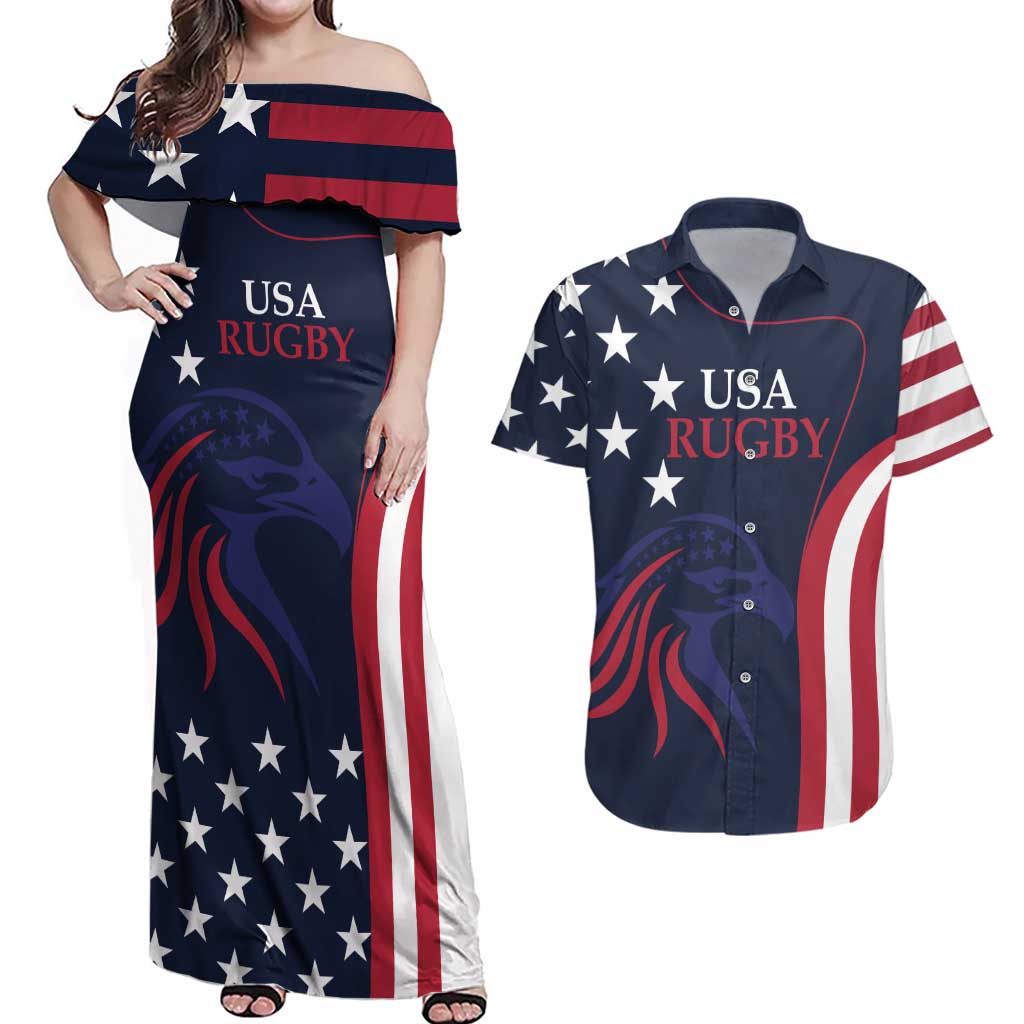 Custom USA Rugby Couples Matching Off Shoulder Maxi Dress and Hawaiian Shirt The Eagles Summer Paris 2024 LT9 - Wonder Print Shop