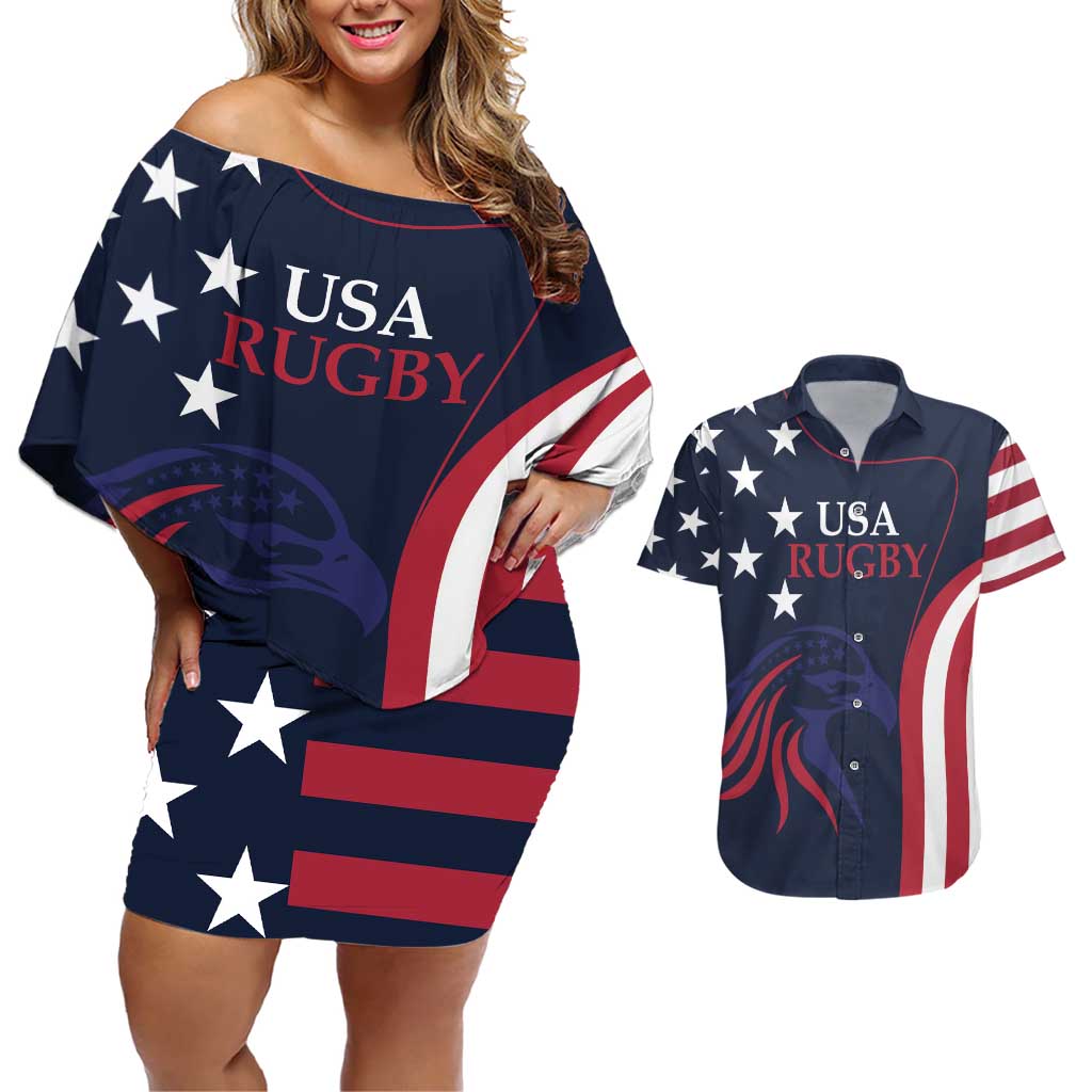 Custom USA Rugby Couples Matching Off Shoulder Short Dress and Hawaiian Shirt The Eagles Summer Paris 2024 LT9 - Wonder Print Shop