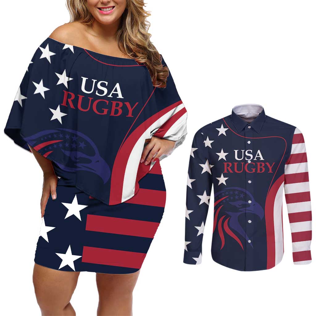 Custom USA Rugby Couples Matching Off Shoulder Short Dress and Long Sleeve Button Shirt The Eagles Summer Paris 2024 LT9 - Wonder Print Shop