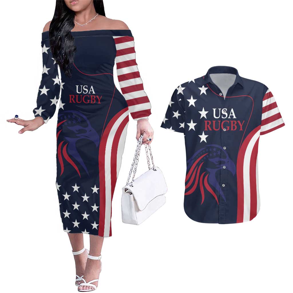 Custom USA Rugby Couples Matching Off The Shoulder Long Sleeve Dress and Hawaiian Shirt The Eagles Summer Paris 2024 LT9 - Wonder Print Shop