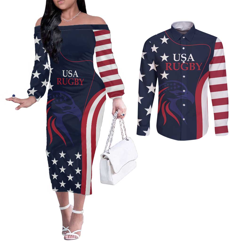 Custom USA Rugby Couples Matching Off The Shoulder Long Sleeve Dress and Long Sleeve Button Shirt The Eagles Summer Paris 2024