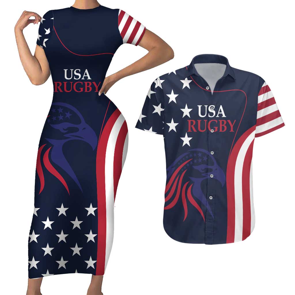 Custom USA Rugby Couples Matching Short Sleeve Bodycon Dress and Hawaiian Shirt The Eagles Summer Paris 2024 LT9 - Wonder Print Shop