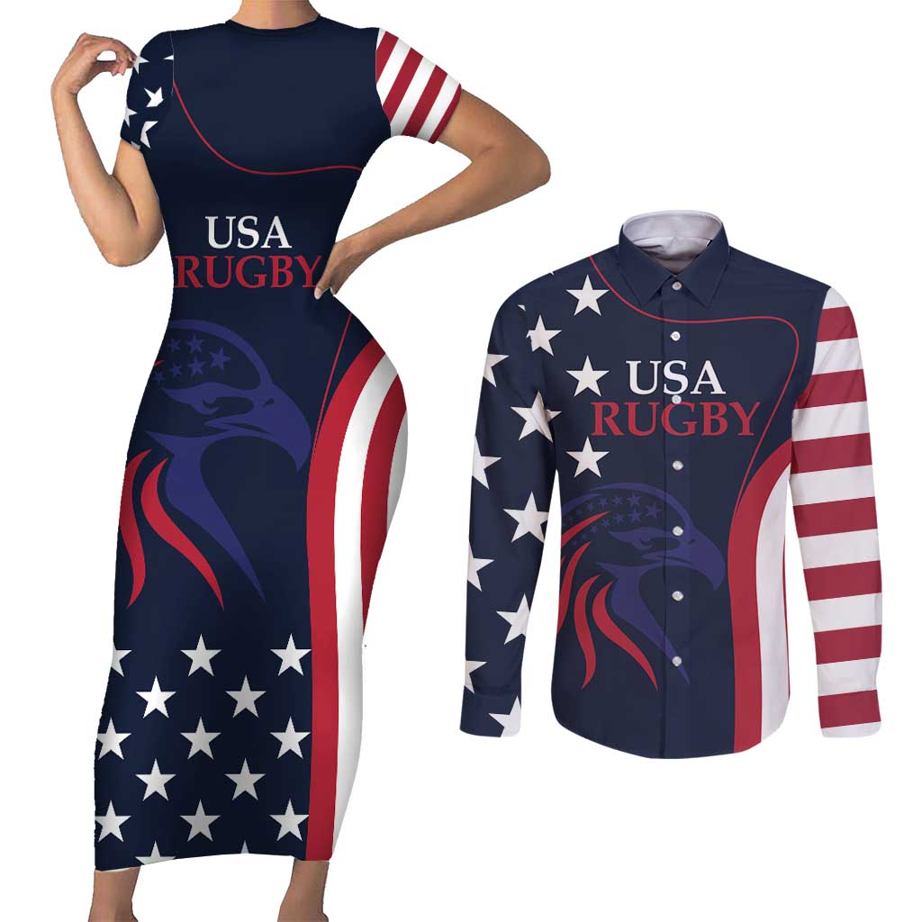 Custom USA Rugby Couples Matching Short Sleeve Bodycon Dress and Long Sleeve Button Shirt The Eagles Summer Paris 2024 LT9 - Wonder Print Shop