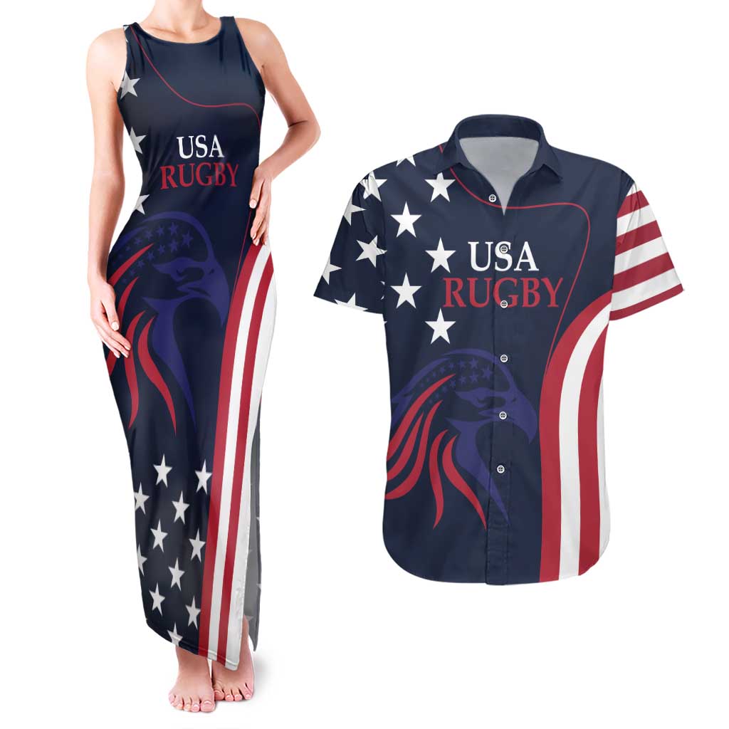 Custom USA Rugby Couples Matching Tank Maxi Dress and Hawaiian Shirt The Eagles Summer Paris 2024 LT9 - Wonder Print Shop