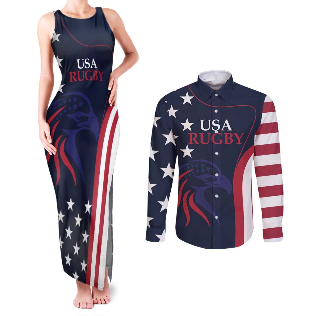 Custom USA Rugby Couples Matching Tank Maxi Dress and Long Sleeve Button Shirt The Eagles Summer Paris 2024 LT9 - Wonder Print Shop