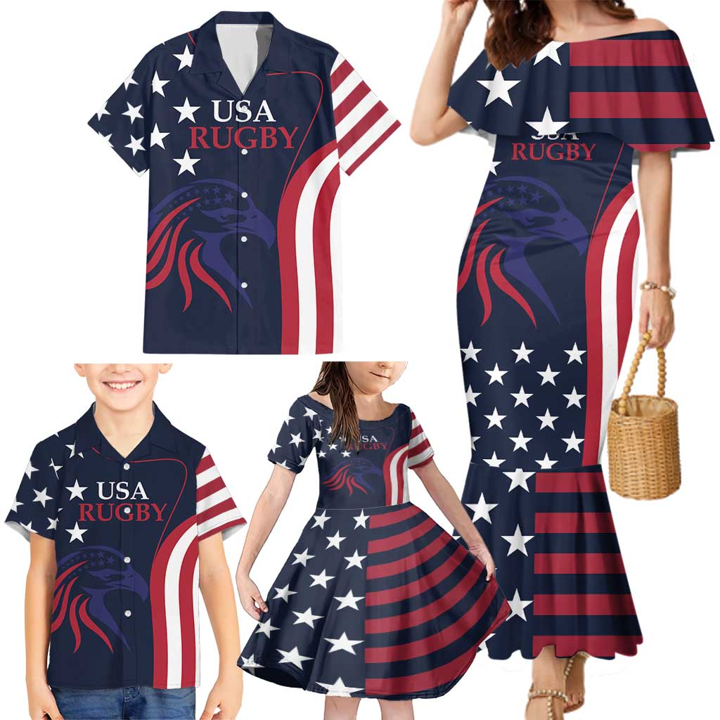 Custom USA Rugby Family Matching Mermaid Dress and Hawaiian Shirt The Eagles Summer Paris 2024 LT9 - Wonder Print Shop