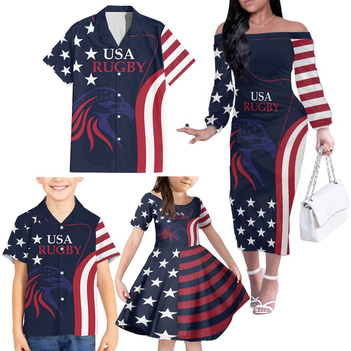 Custom USA Rugby Family Matching Off The Shoulder Long Sleeve Dress and Hawaiian Shirt The Eagles Summer Paris 2024 - Wonder Print Shop