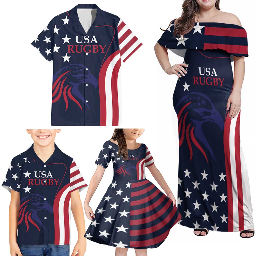 Custom USA Rugby Family Matching Off Shoulder Maxi Dress and Hawaiian Shirt The Eagles Summer Paris 2024 LT9 - Wonder Print Shop