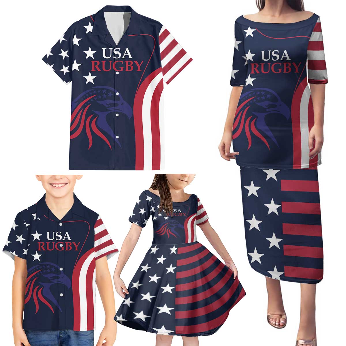 Custom USA Rugby Family Matching Puletasi and Hawaiian Shirt The Eagles Summer Paris 2024 - Wonder Print Shop