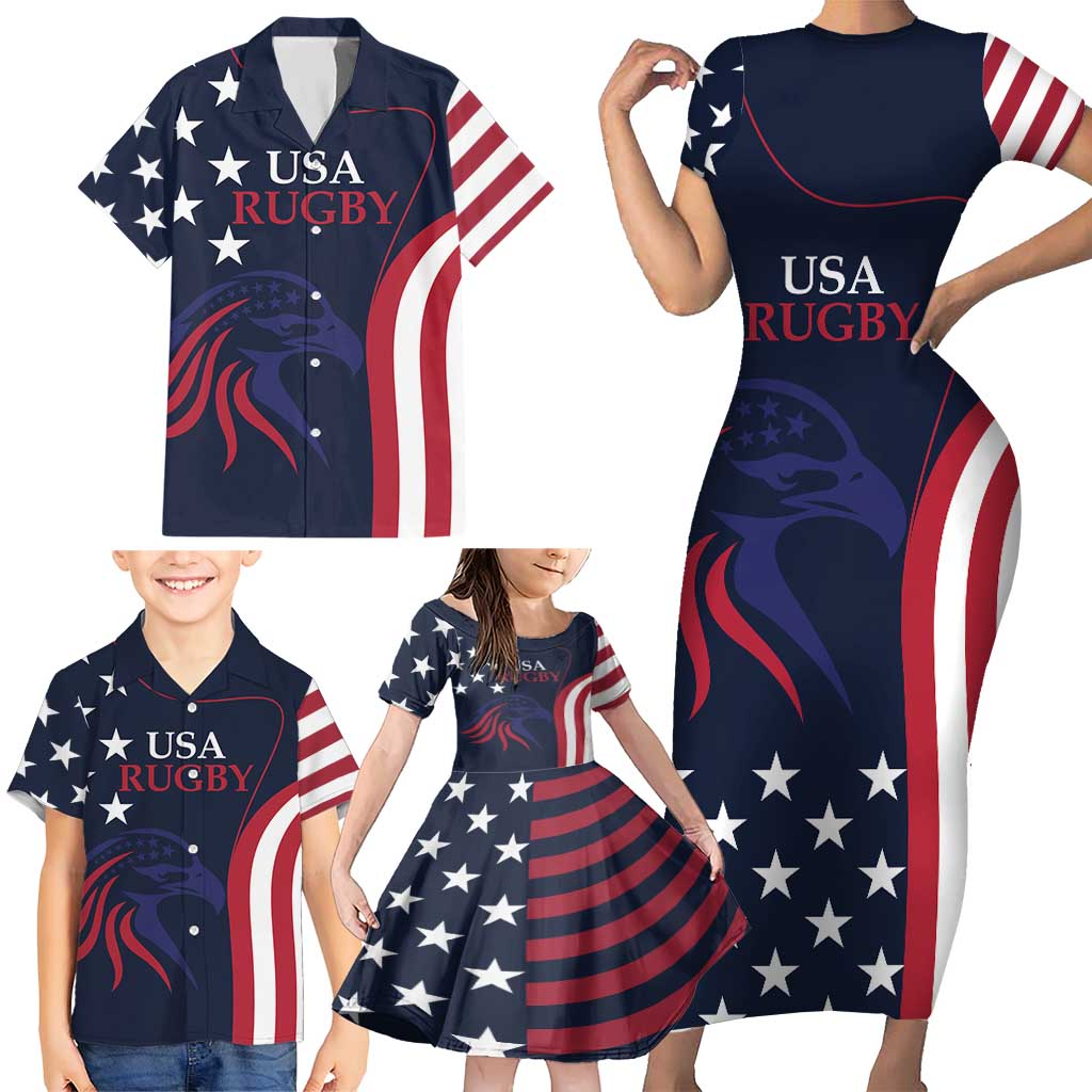 Custom USA Rugby Family Matching Short Sleeve Bodycon Dress and Hawaiian Shirt The Eagles Summer Paris 2024 - Wonder Print Shop