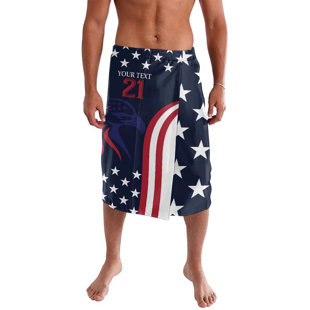 Men's navy USA board shorts with stars, stripes, and red '21' front print