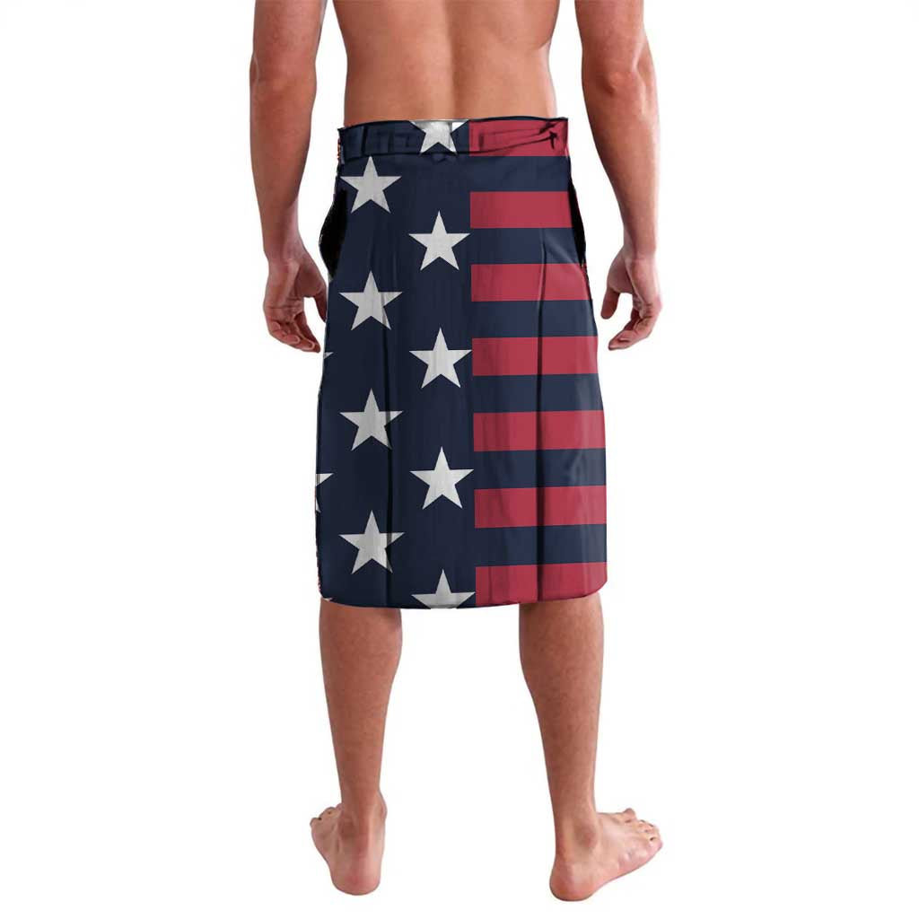 Men's navy USA board shorts with red-white striped stars blocks, back view