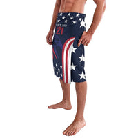 Men's navy USA board shorts with stars, large vertical stripes, and red '21' print
