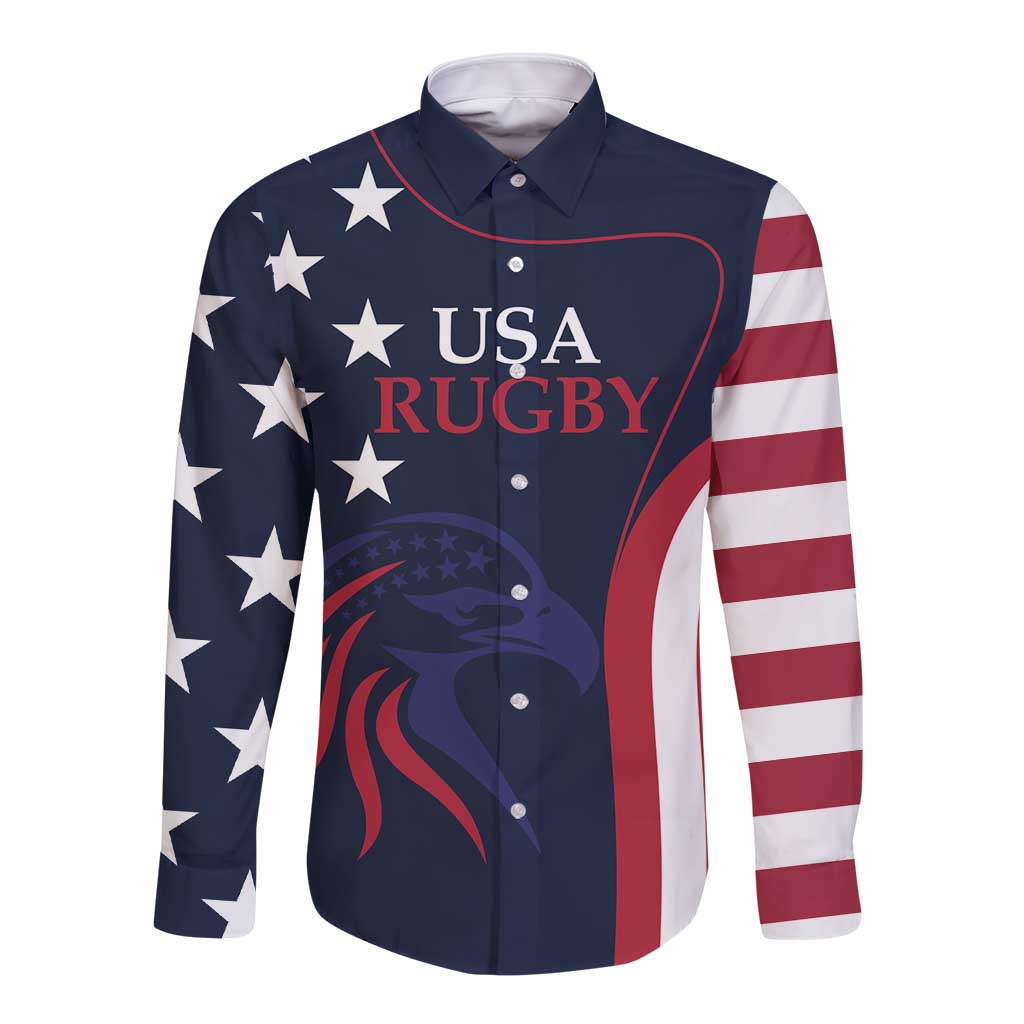 Long sleeve button rugby shirt, navy with USA RUGBY logo, stars and red-white stripe panels