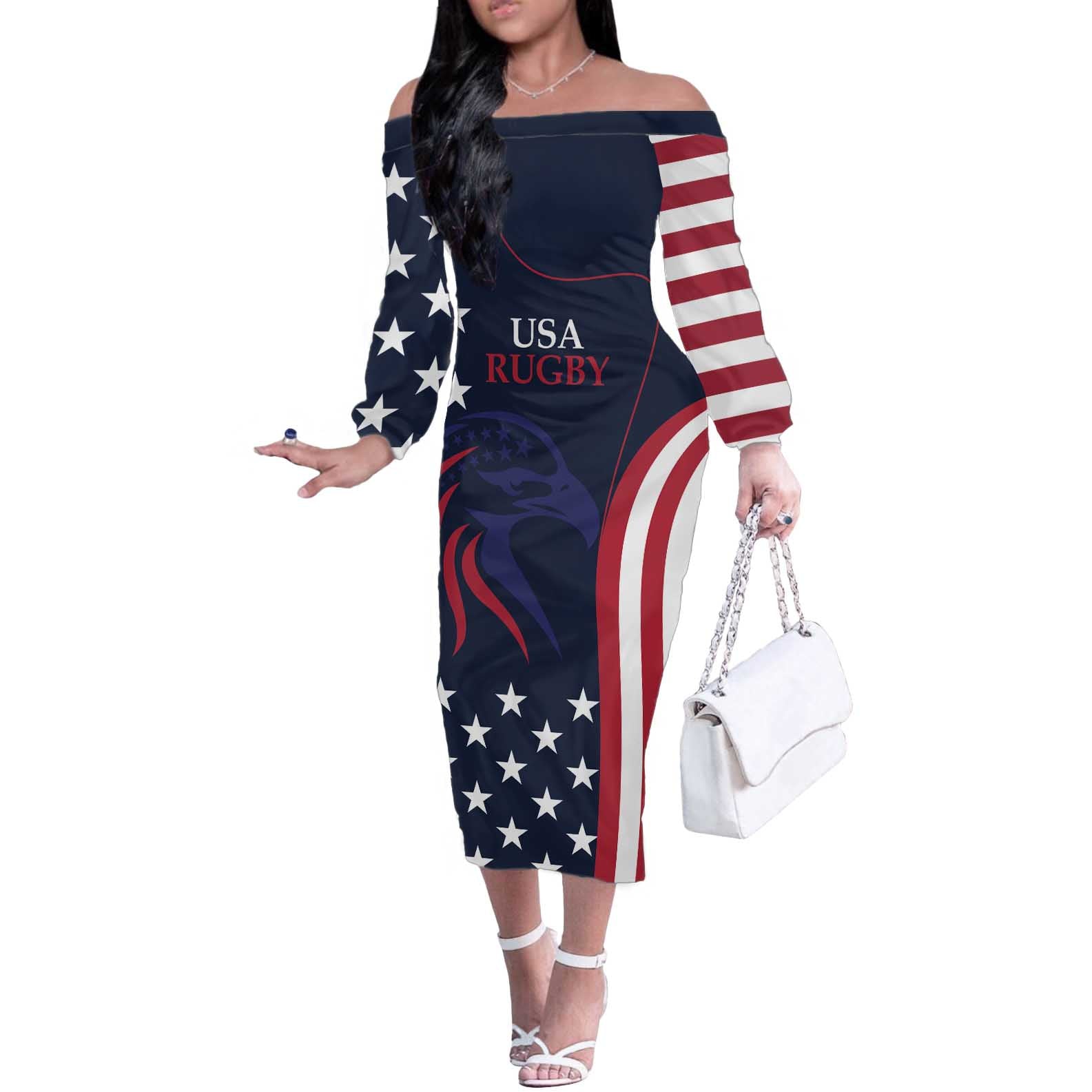 Custom USA Rugby Off The Shoulder Long Sleeve Dress The Eagles Summer Paris 2024 - Wonder Print Shop