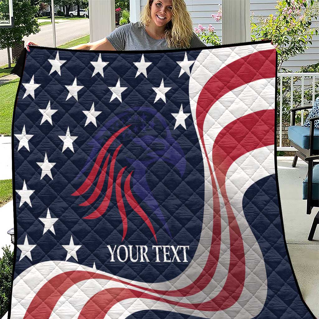 Patriotic USA quilt blanket in navy with stars, eagle graphic, red/white stripes, custom text