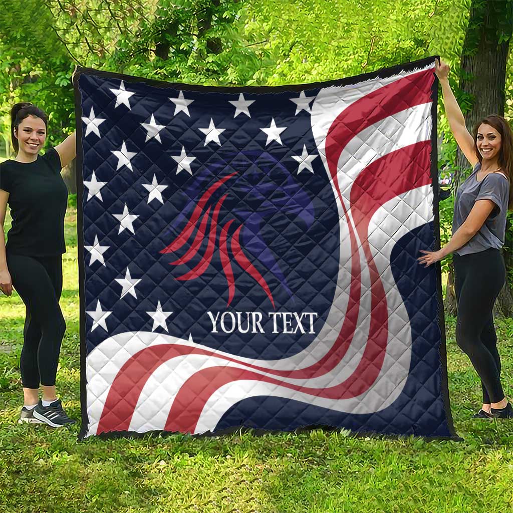 Patriotic USA quilt blanket with navy stars, red/white eagle swirl, and custom text, full view