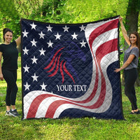 Patriotic USA quilt blanket with navy stars, red/white eagle swirl, and custom text, full view