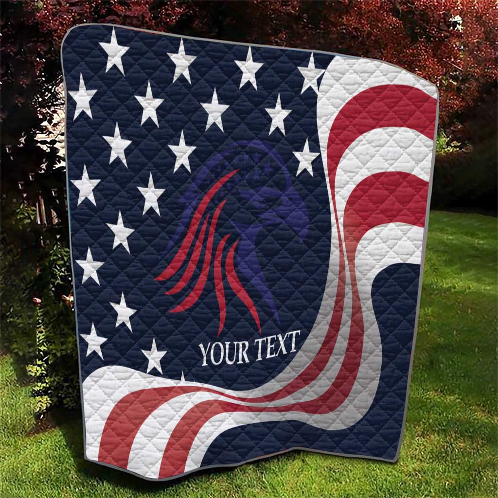 Patriotic USA quilt blanket close-up with navy stars, eagle graphic, red/white stripes, custom text