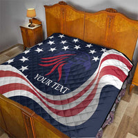 Patriotic USA quilt blanket on bed with navy stars, eagle graphic, red/white stripes, custom text