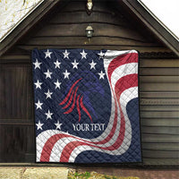 Patriotic USA quilt blanket with navy stars, red/white eagle swirl, and custom text, square fold