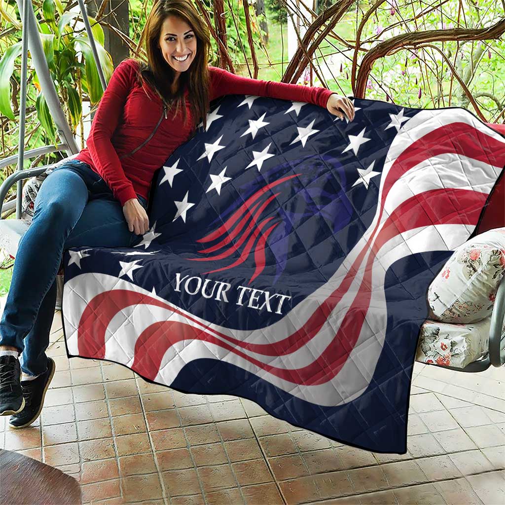 Patriotic USA quilt blanket draped over seating with navy stars, eagle graphic, and custom text