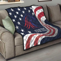 Patriotic USA quilt blanket on couch with navy stars, red/white eagle swirl, and custom text