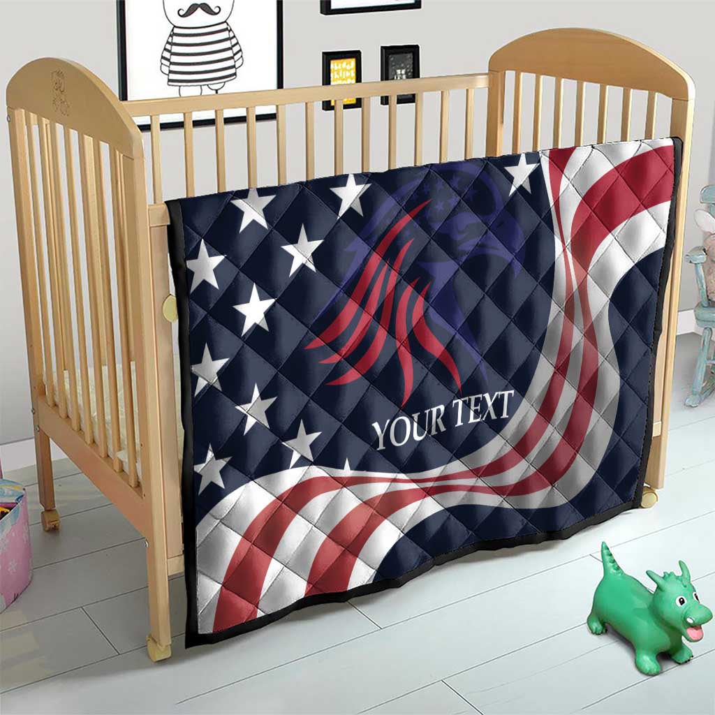 Patriotic USA quilt blanket on crib with navy stars, red/white eagle graphic, and custom text