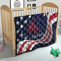 Patriotic USA quilt blanket on crib with navy stars, red/white eagle graphic, and custom text