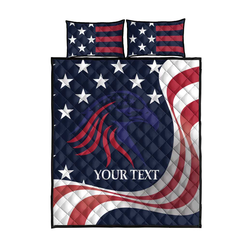 Navy red white quilt bed set with star-and-stripe print, YOUR TEXT, 2 matching pillowcases