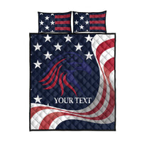 Navy red white quilt bed set with star-and-stripe print, YOUR TEXT, 2 matching pillowcases