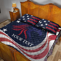 Navy red white quilt bed set with star-and-stripe graphics, YOUR TEXT, 2 pillowcases