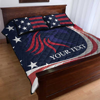 Quilt bed set with navy, red, white star-and-stripe design, YOUR TEXT, 2 pillowcases