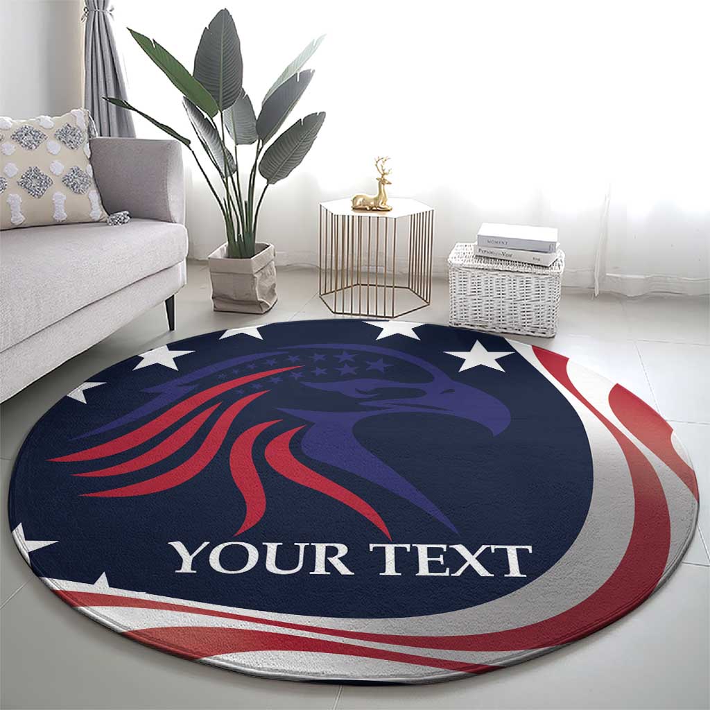 Round blue eagles rug with star border and red stripes, 'YOUR TEXT' on center