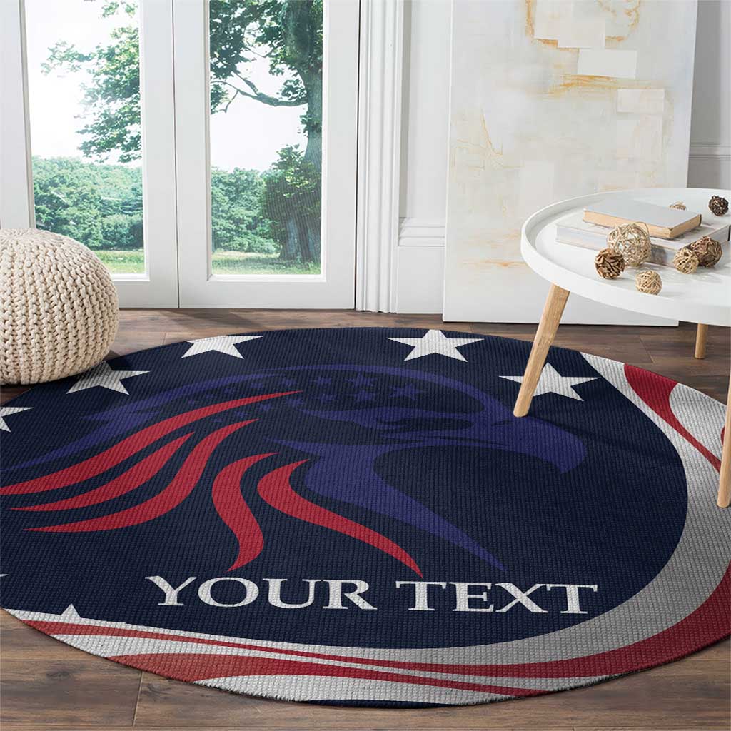 Round blue eagles rug with American stars and red swoosh stripes, 'YOUR TEXT'