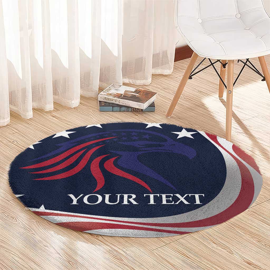 Round blue eagles area rug with star border, red stripes, and 'YOUR TEXT' 