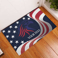 Custom rugby rubber doormat with eagle head, star pattern, and red/white wave stripes, “YOUR TEXT”