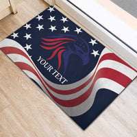 Custom rugby rubber doormat featuring eagle graphic, stars, and red/white striped waves, “YOUR TEXT”