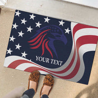 Custom rugby rubber doormat with eagle, stars, and red/white stripes; “YOUR TEXT” with shoes visible