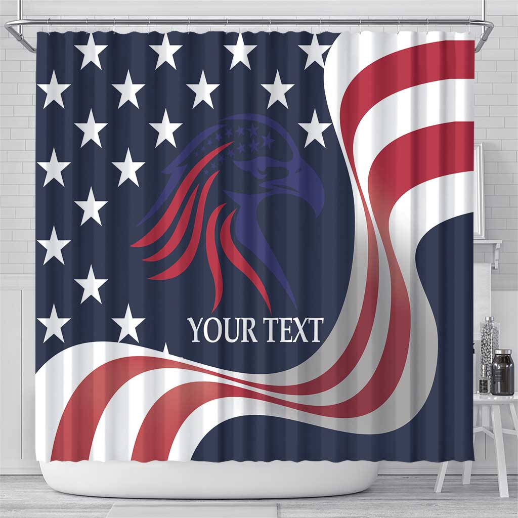 Shower curtain on metal rod, blue star field with red-white stripes; “YOUR TEXT”.