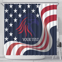 Shower curtain on metal rod, blue star field with red-white stripes; “YOUR TEXT”.