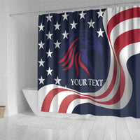 Shower curtain featuring blue stars, bold red-white curved stripes, and “YOUR TEXT”.