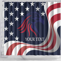 Shower curtain with blue stars and sweeping red-white stripes; “YOUR TEXT” centered.
