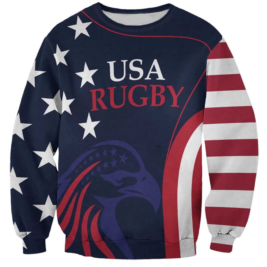 Unisex blue rugby sweatshirt with USA Rugby graphic, star pattern, striped sleeves
