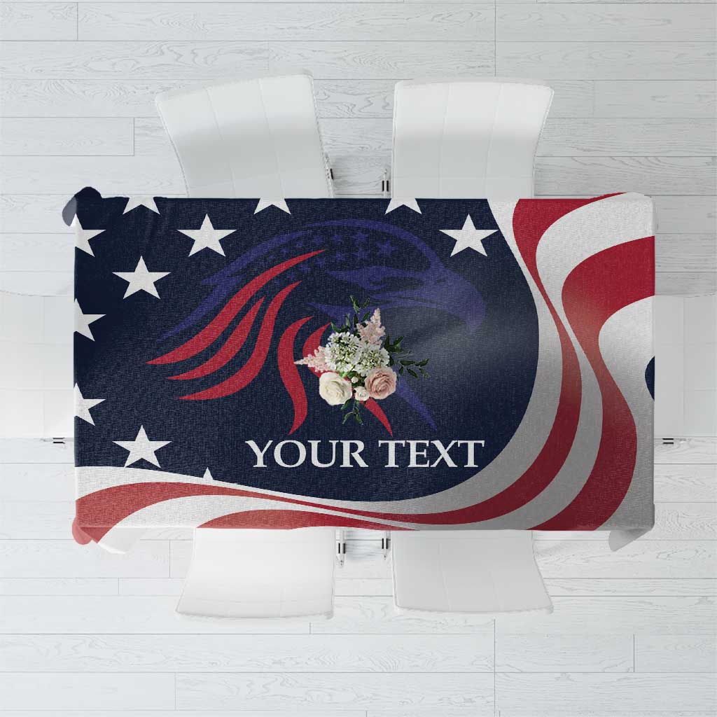 Patriotic navy tablecloth with eagle crest, custom text, and red/white wave pattern