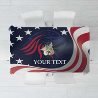 Patriotic navy tablecloth with eagle crest, custom text, and red/white wave pattern