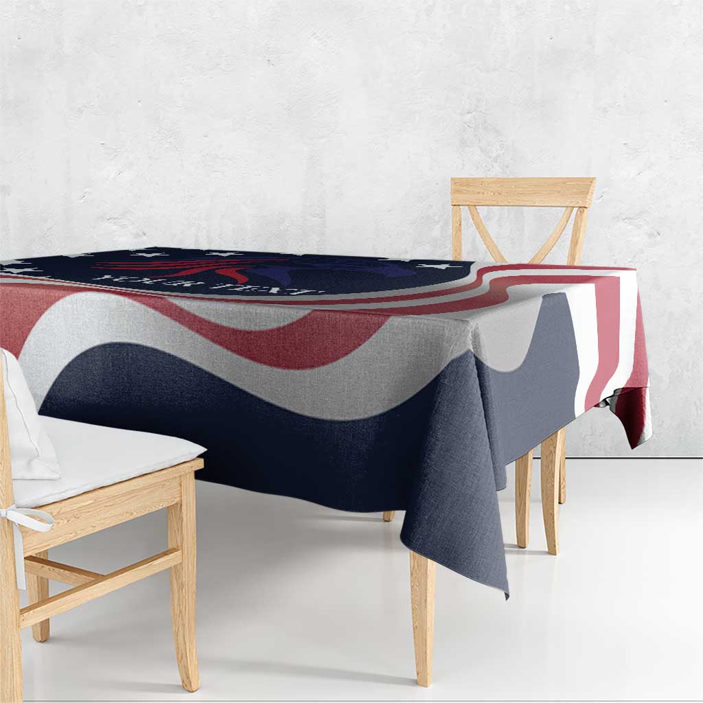 Patriotic tablecloth corner drape, navy with red and white curved stripe pattern