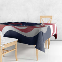 Patriotic tablecloth corner drape, navy with red and white curved stripe pattern
