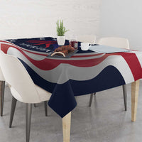 Patriotic tablecloth with navy, red, and white swoosh stripes and star accents