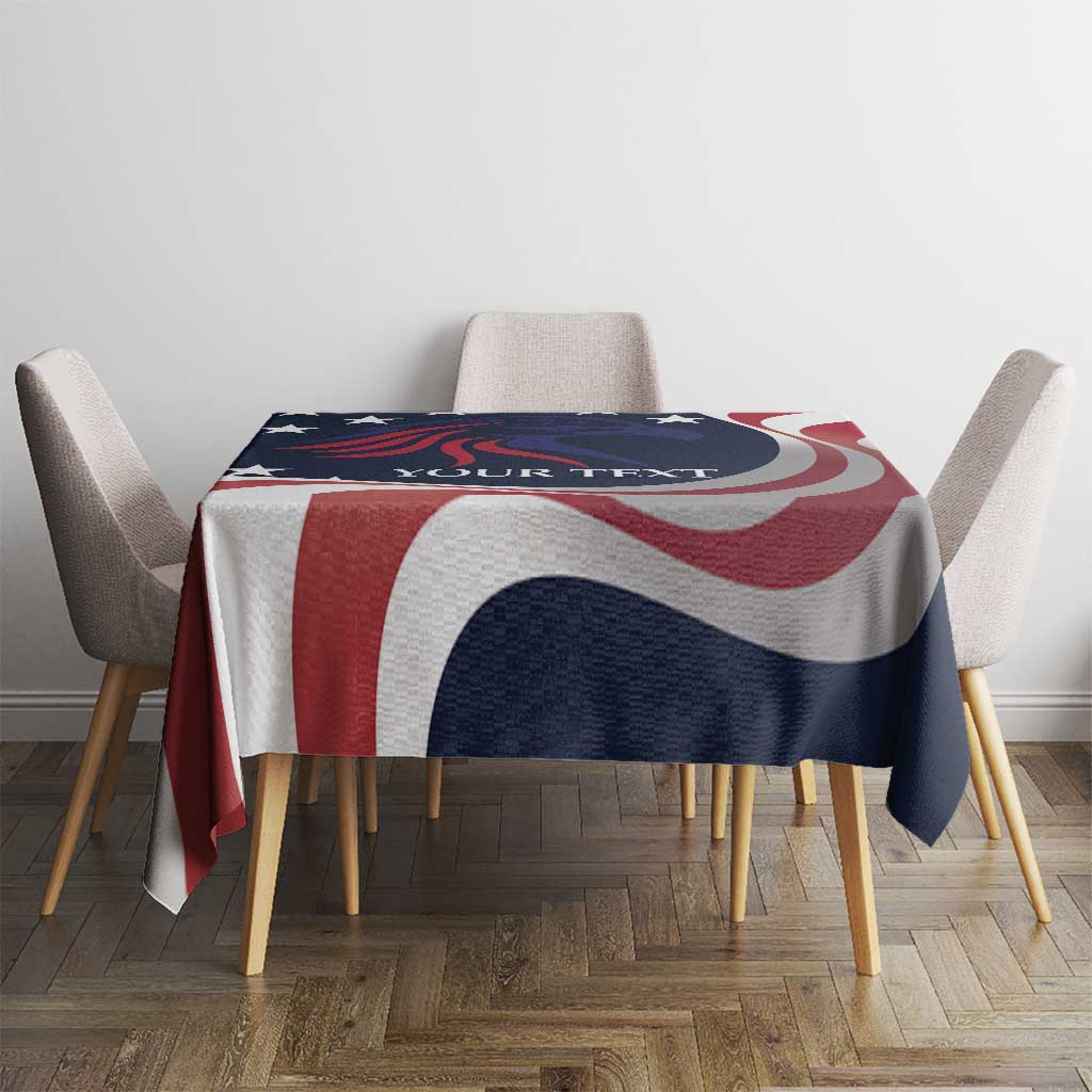 Patriotic tablecloth draped over table, navy with red and white curved stripe pattern
